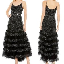 Mac Duggal Black Silver Embellished Tiered Sequin Gown Dress Size 12 $598