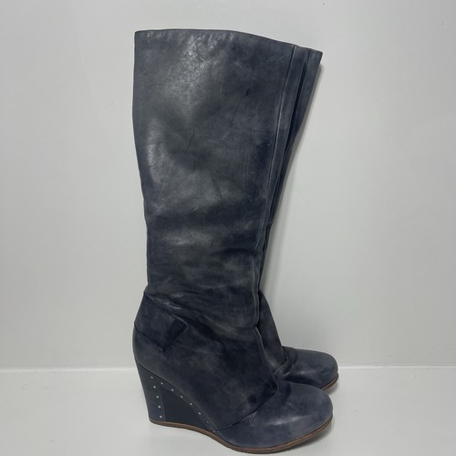 UGG Leather Kendrick Gray Black Distressed Studded Tall Zip Wedge Heel Boots 7.5 - Picture 1 of 10