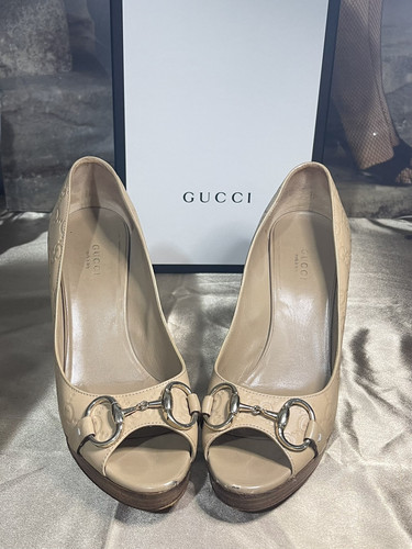 GUCCI GG Peep Toe Platform Pumps Women Leather Shoes Beige 8.5 With Box - Picture 1 of 14