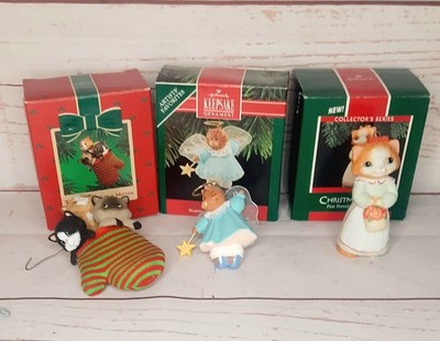 Vintage Hallmark Andenken Weihnachtsdekoration x3 Katzen Kätzchen verpackt