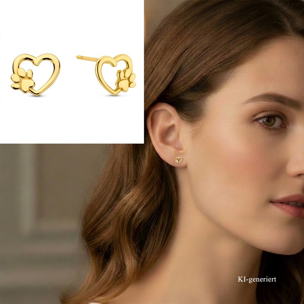 Ohrringe Ohrstecker Echt Gold 585 (14Kt) Motiv Herz Mit Hundepfote-image