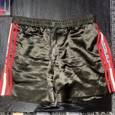 Gucci - Wide-Leg Webbing-Trimmed Satin-Twill Shorts Olive green / Red - Size 52