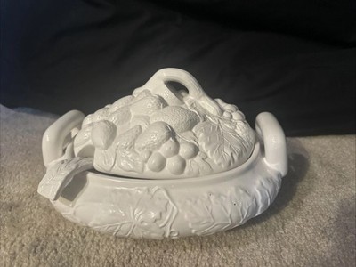 Vintage White Gibson Soup Tureen with a Fruit Design and Lid, Ladle and Handles