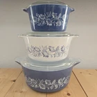 PYREX Vintage Colonial Mist Blue White Casserole Set Of 3 475/474/473 w/Lids