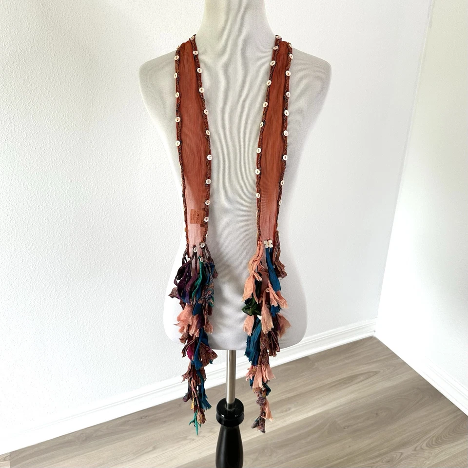 Chan Luu 2 Way Choker Shreds Scarf Boho Long Buttons Multicolor - Image 2 of 4