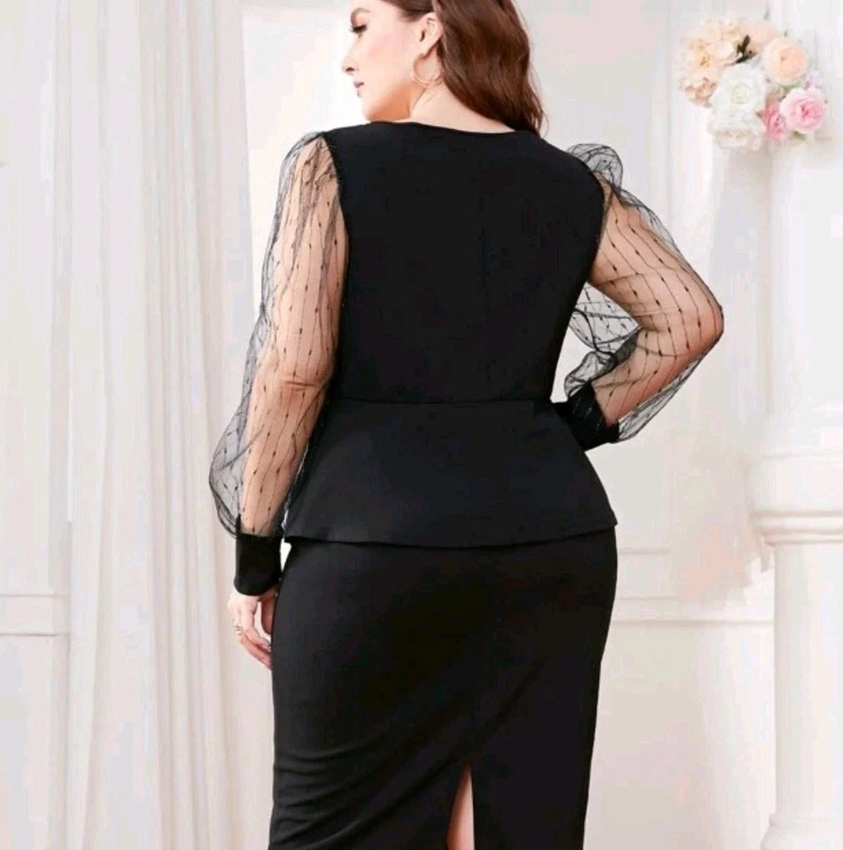 黑色 ~ 加大尺寸 4XL ~ 网眼插入灯笼袖上衣和开叉后裙 — 第 4/4 张图片