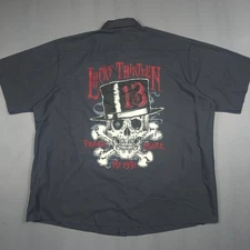 Lucky 13 Button-Up Shirt Men 4XL Gray Red Skull Biker Short Sleeve Red Cap