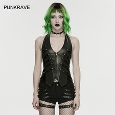 Punk Rave Women Black Gothic Studded Halter Neck Vest Punk Slim Fit Pu Tops