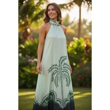 Chicways Halter Breezy Boho Maxi Vacay Ready Light/Dark Green Palms Size M