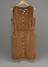 Talbots Dress Tobacco Brown Vegan Faux Suede Gold Buttons Front Academia New 8