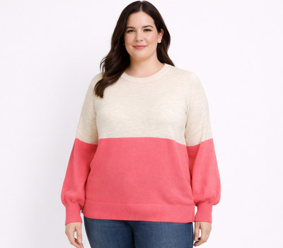 NEW Womens Crown Ivy Bishop Sleeve Color Block Sweater Pink Oatmeal Plus Size 1X