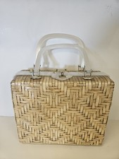 Vintage 1950s Adele Miami Wicker Box Purse Pearlized Lucite Handle Basket