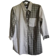 Lands' End 8 Plaid Shirt Dress Women's Olive Green Check 3/4 Sleeve No Iron