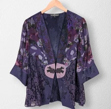 VIOLET KAY Purple Floral Lace Knot Button Kimono Top Size L Y2K Boho Whimsigoth