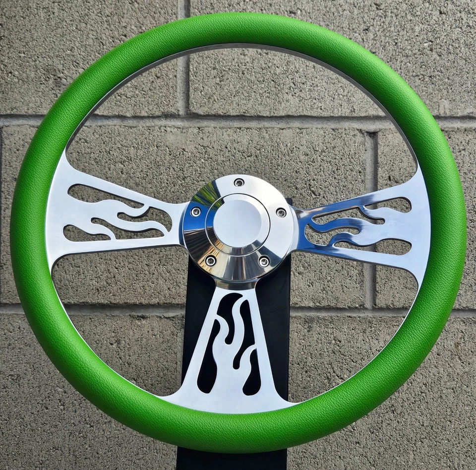 Volante Billet Flame 14" con envoltura de vinilo verde y botón de bocina Foto 2 de 4
