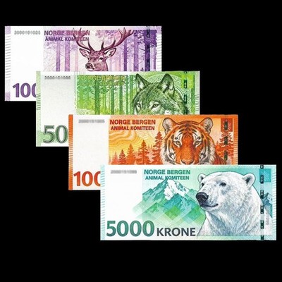 Norwegian Animal Set 4pc: 100 500 1000 5000, Wolf Polar Bear, UNC, Free Shipping