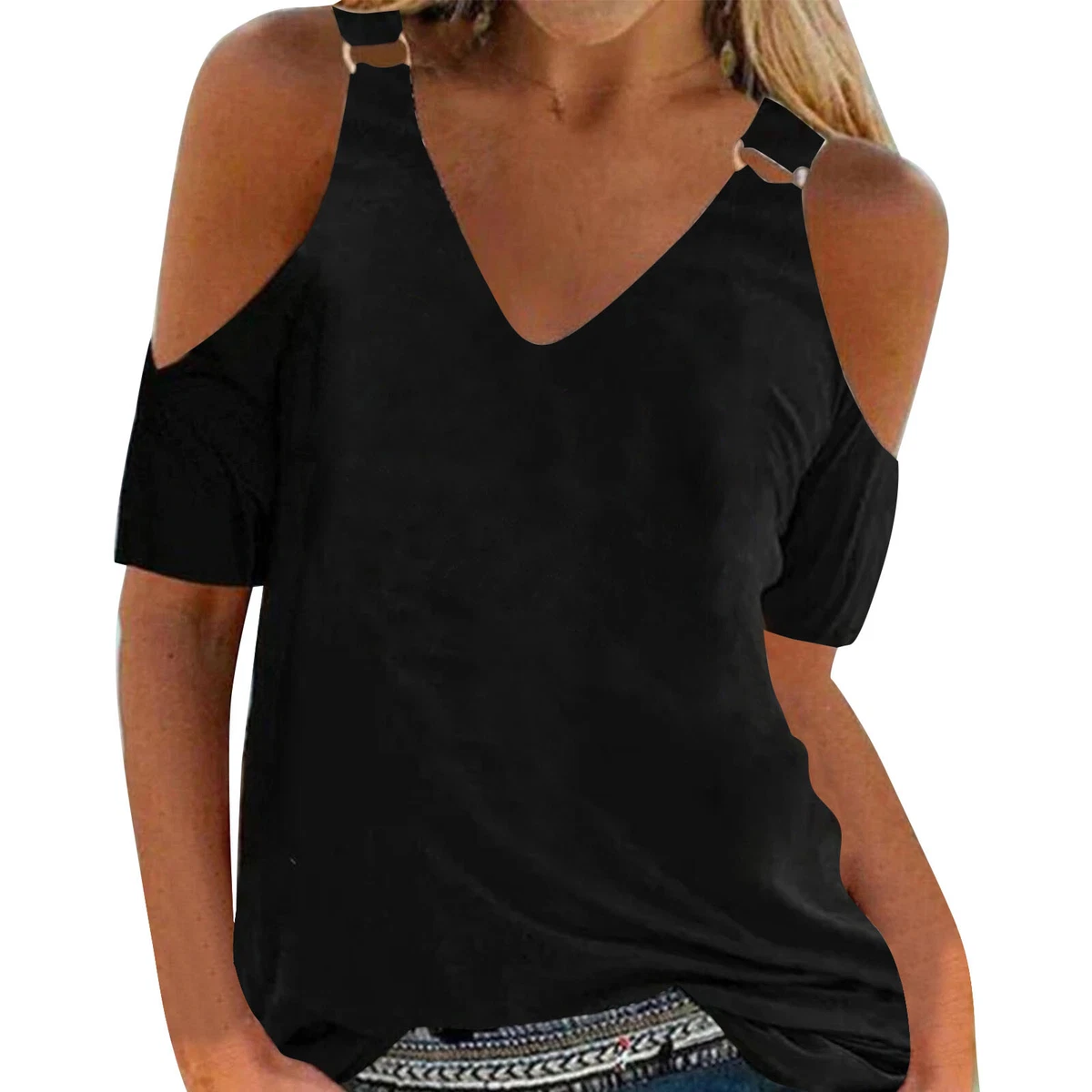Black v neck off the cheap shoulder top