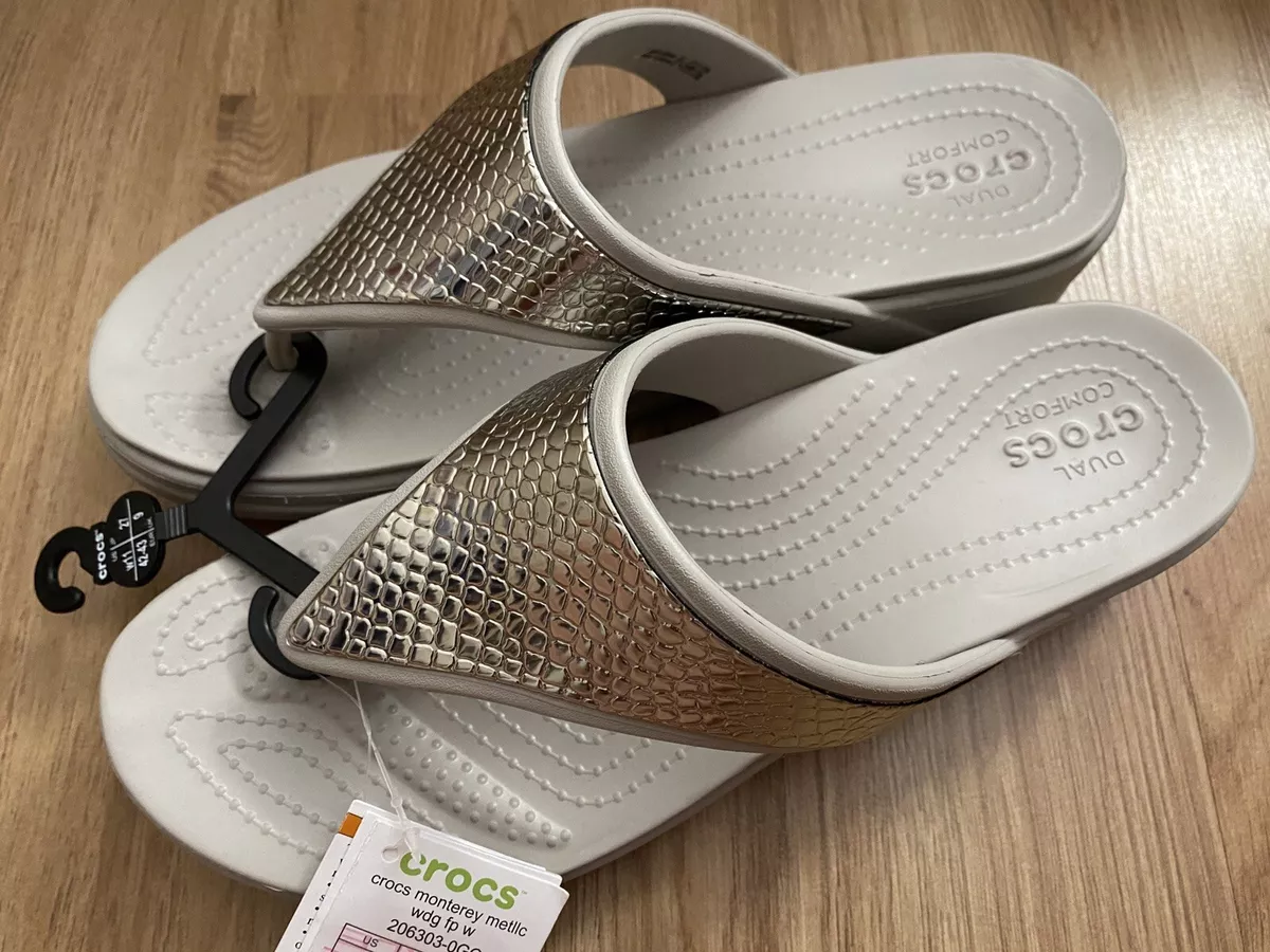 NWT CROCS Monterey Metallic Wedge Flip Women 11 Silver Grey Sandals Authentic