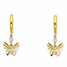 Real 14K Yellow Gold Hanging Huggies Butterfly Dangle CZ Earrings Girls Women