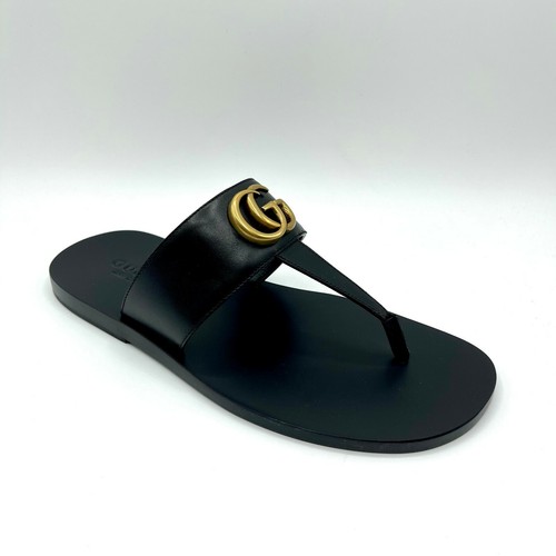 Gucci Men's Black Leather Flip Flop Sandal w/Gold GG Logo 6/US  498698  1000 | eBay