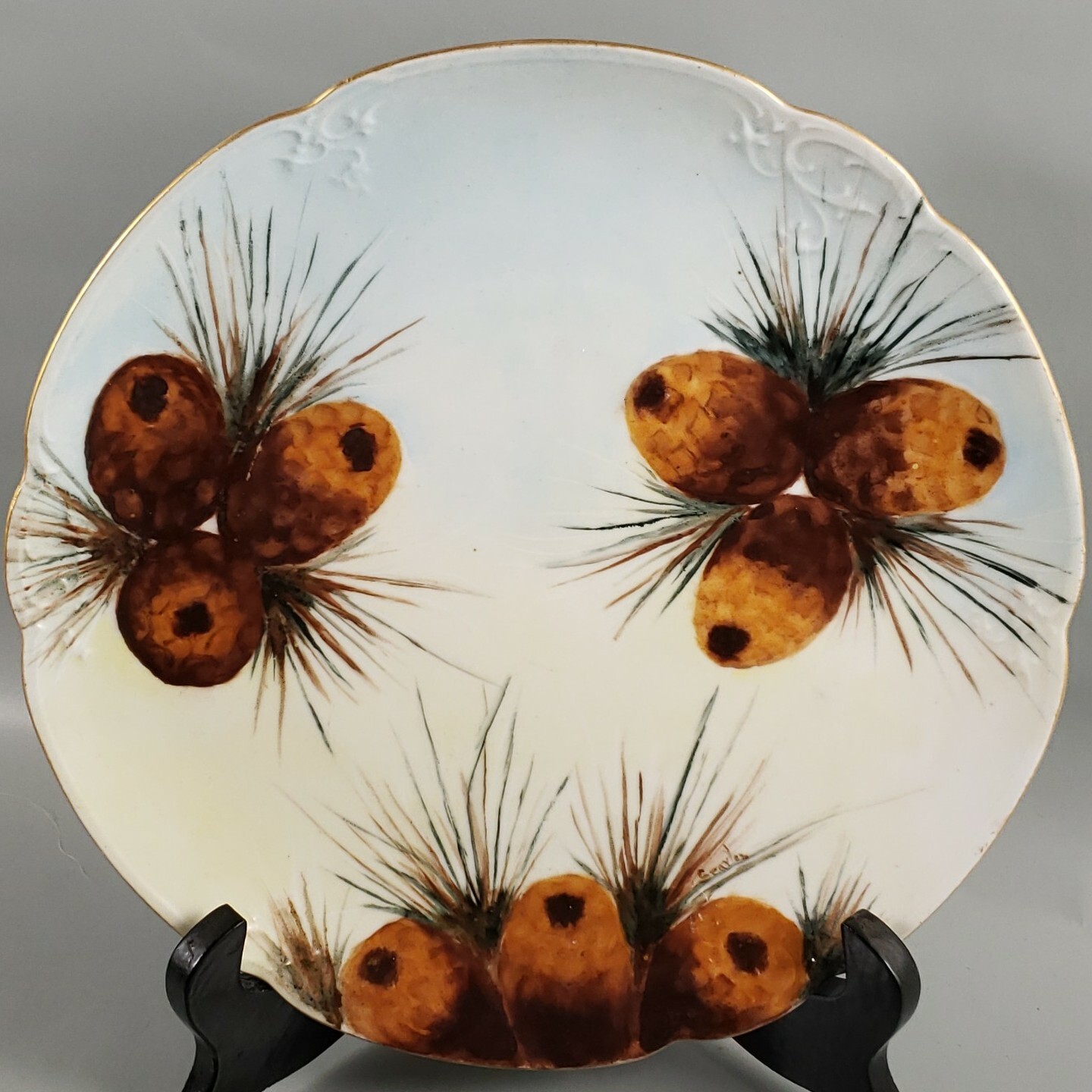 Signed Vintage Antique Art Nouveau Pine Cones Hand Painted Porcelain DECOR PLATE