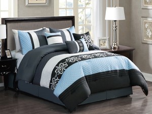7 Pc Azurine Fleur De Lis Damask Fl Comforter Set Blue Black Image Is Loading 7 Pc Azurine Fleur De Lis Damask Fl