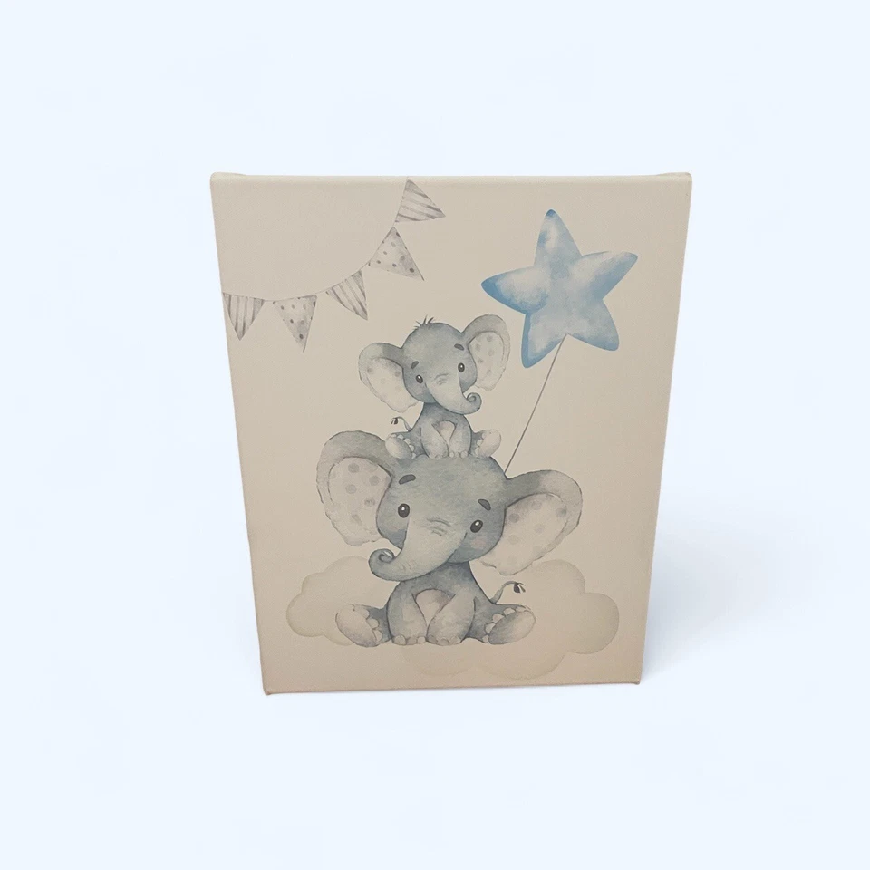Juego de 3 lienzos para guardería bebé, elefantes bebés, tema gris y azul sobre lienzo blanco Foto 2 de 4
