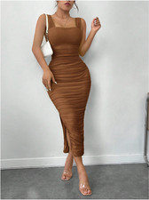 Brown SXY Ruched Slit Hem Mesh Bodycon Dress Sz XS S M L