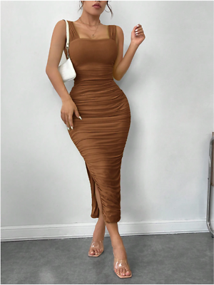Brown SXY Ruched Slit Hem Mesh Bodycon Dress Sz XS S M L | eBay