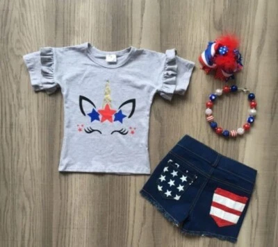 NEW Boutique 4th of July Patriotic Unicorn Denim Jean Shorts Girls Outfit Set - Image 1 of 2
