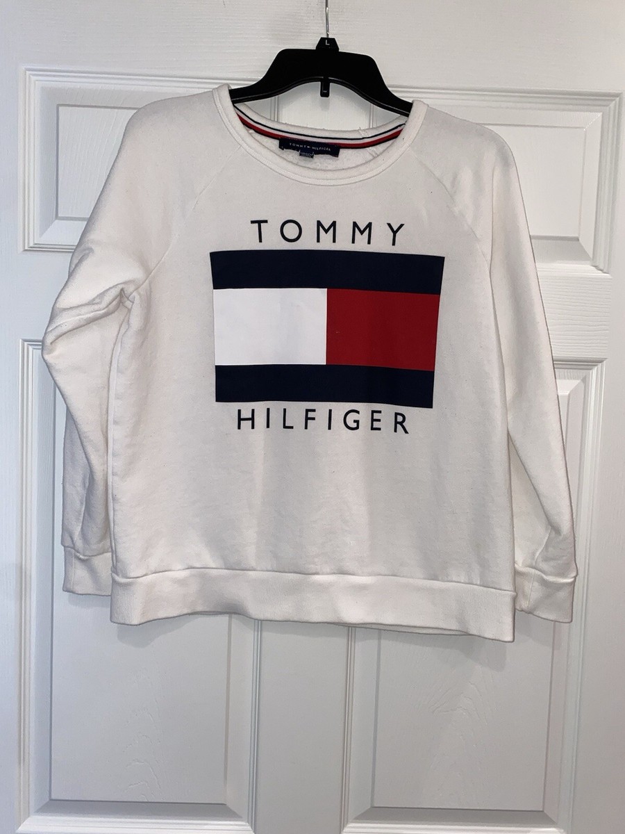 TOMMY HILFIGER Size Medium Flag Crew Neck Sweatshirt White