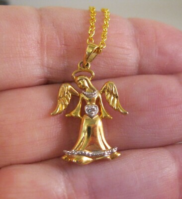 Vintage ROSS SIMONS echter Diamant Engel Vermeil Sterlingsilber Anhänger mit Halskette