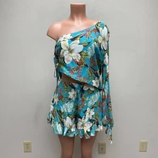 Lovers + Friends Bermuda Blue Floral One Shoulder Ruched Ruffle Mayer Romper L