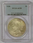 1928 Silver Peace Dollar Coin from the Philadelphia Mint, Graded AU55 by PCGS