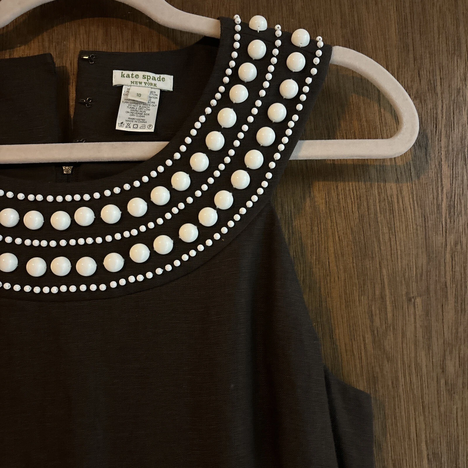 Abito vintage kate spade donna senza maniche marrone lino dettagli perle bianche taglia 10