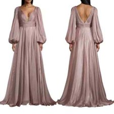 NWT Mac Duggal 67414 Chiffon Split Sleeve Deep V-Neck A Line Gown Sz 12 Pink