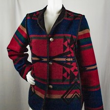PENDLETON Vintage Navajo Red Green Blue Reversible Wool Women Jacket Coat Size L