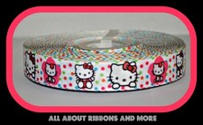 7/8 INCH HELLO KITTY ON BRIGHT POLKA DOT WHITE GROSGRAIN RIBBON-1 YD
