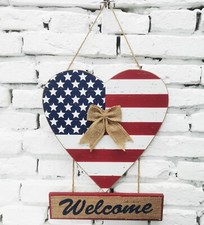 Hanging Wood Americana Heart Welcome Sign Wooden Patriotic Welcome Door Sign