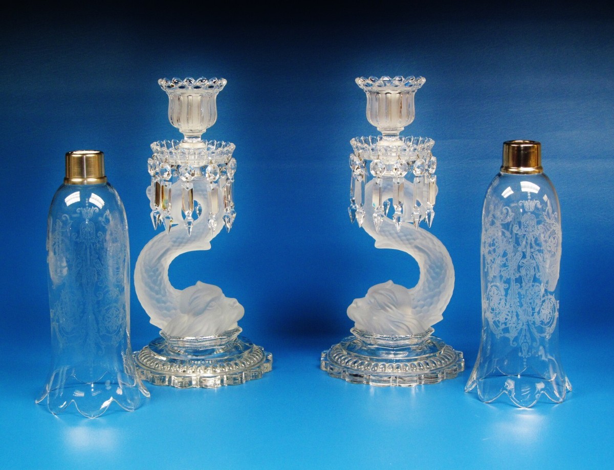 Pair Of Magnificent One Light Dolphin Baccarat Crystal Candelabra