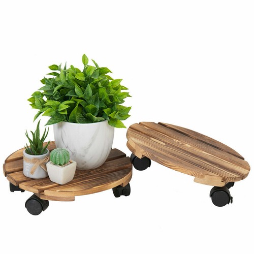 2x Round Plant Caddy 30 cm Plant Stand Lockable Wheels Wood Rolling Plant Dolly - Picture 3 of 12