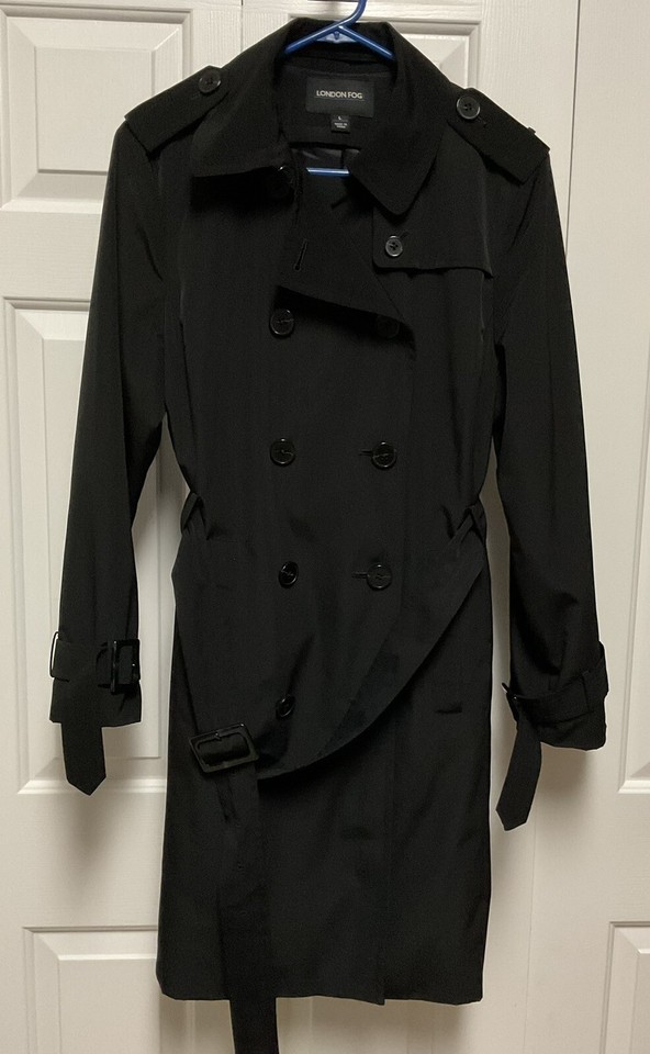 London Fog Women’s Black Mid Length Trench Coat Rain Coat Jacket Sz