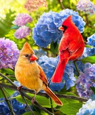 David Textile - Cardinals and Hydrangea Digital Quilting Crafting Fabric Panel