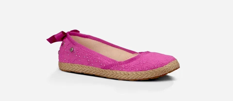 NUOVO! UGG Tassy Occhiello Bambino 5 Rosa Piatto Cotone Slip On Fiocco Fiocco Lana Tasso