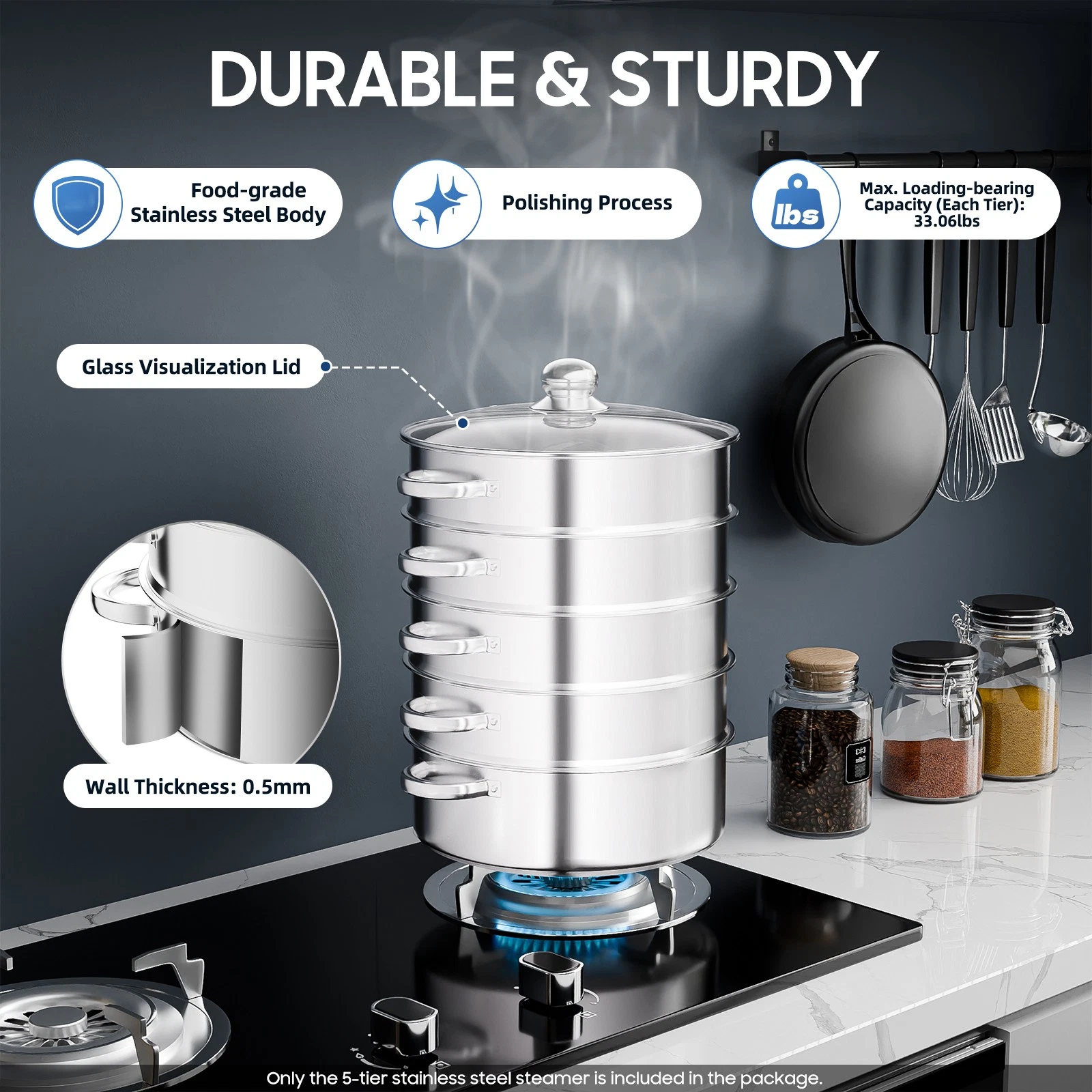 5 Tier 28cm Stainless Steel Steamer Set Dumpling Manty Steamer Pot Glass Lid