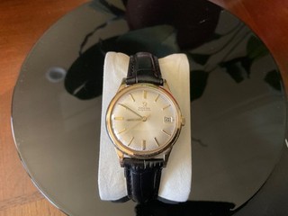 OMEGA Automatic Gold Men's Wristwatch Silver Dial Date Black Leather Strap