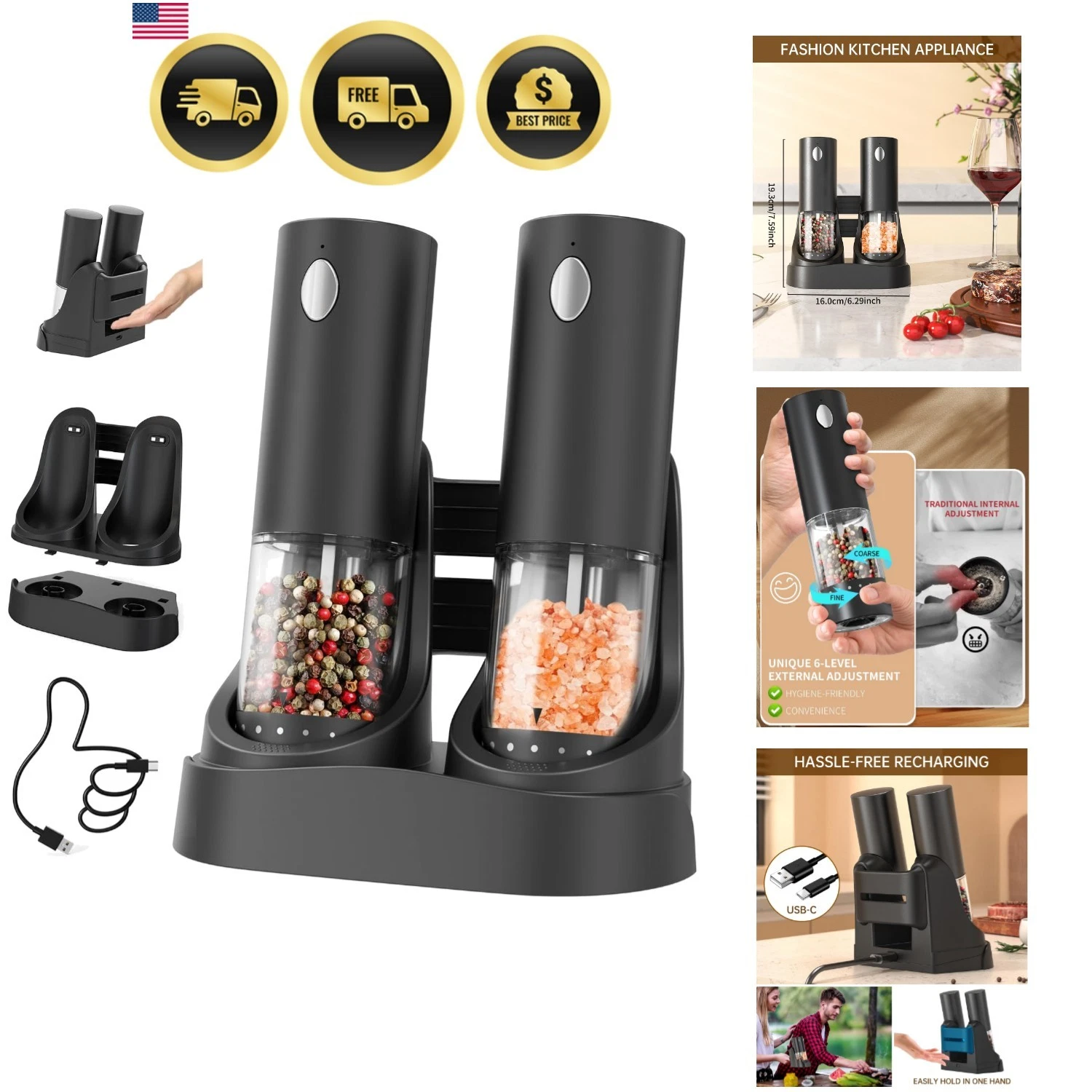 Electric Salt and Pepper Grinder Set Automatic Salt and Pepper Grinder Set wi...