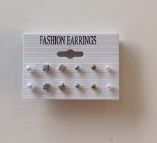 6-Pair Stud Earrings Set Simulated Pearl Crystal, Gold/Silver Tone, Butterfly