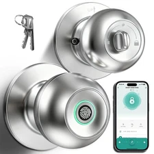 Silver Keyless Smart Fingerprint Door Knob Lock Silent Mode Password Key & App