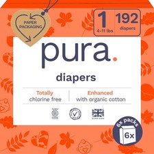 Pura Hypoallergenic Diapers, Size 1 4-11 lbs , Monthly Pack, Totally Chlorine